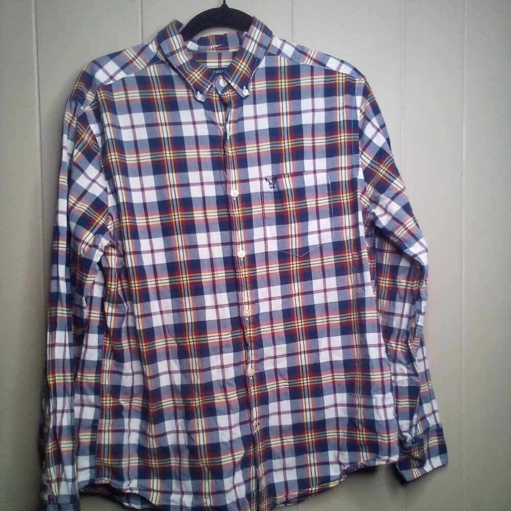 American Eagle Button Down Shirt L Athletic Fit Long Sleeve Plaid Blue Red